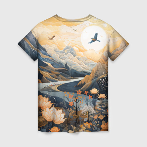 Женская футболка 3D с принтом Солнечное утро в цветущих горах, вид сзади #1