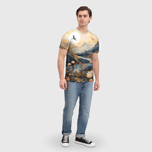 Мужская футболка 3D с принтом Солнечное утро в цветущих горах, вид сбоку #3