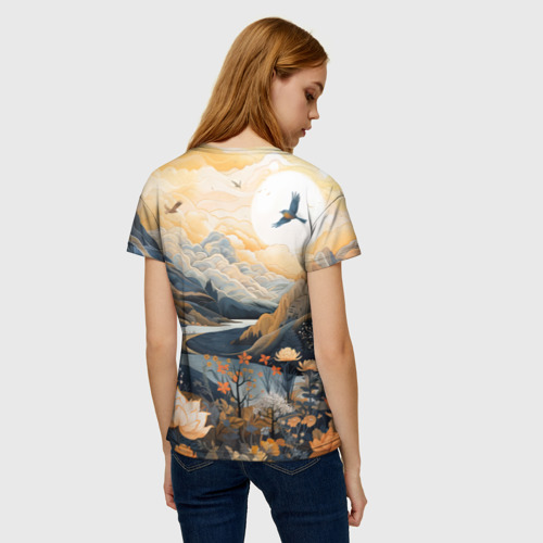 Женская футболка 3D с принтом Солнечное утро в цветущих горах, вид сзади #2