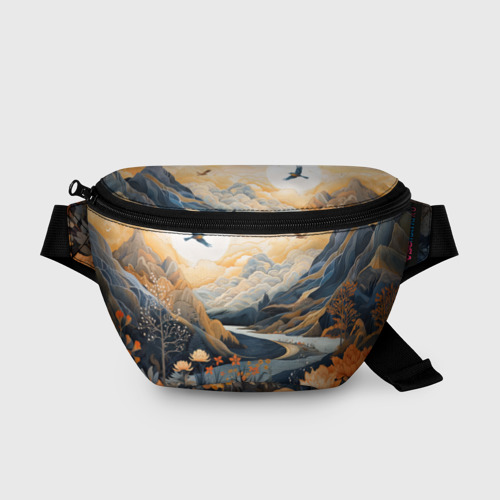 Поясная сумка 3D с принтом Солнечное утро в цветущих горах, вид спереди #2