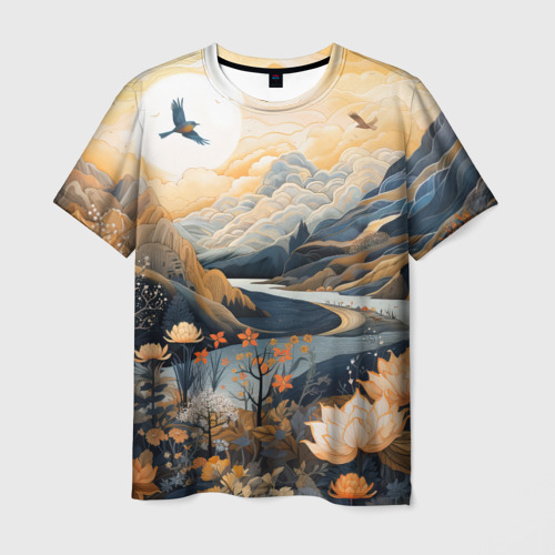 Мужская футболка 3D с принтом Солнечное утро в цветущих горах, вид спереди #2