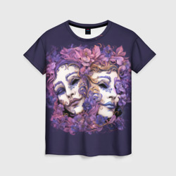 Женская футболка 3D Театральные маски среди цветов