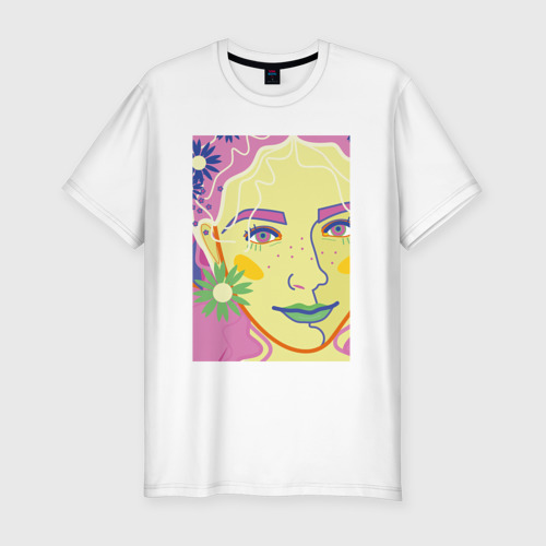 Мужская футболка хлопок Slim Женский портрет с полевыми цветами, цвет белый