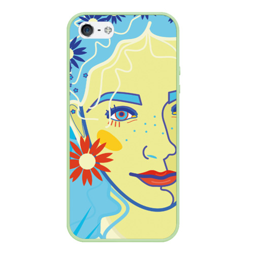 Чехол для iPhone 5/5S матовый Девушка с голубыми волосами в цветочном венке, цвет салатовый