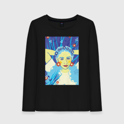 Девушка с голубыми волосами в цветочном венке – Женский лонгслив хлопок с принтом купить со скидкой в -20%