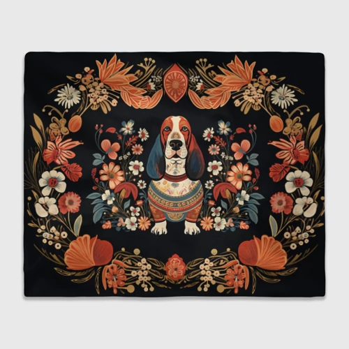 Плед 3D с принтом Бассет-хаунд в стиле Фолк Арт, вид спереди #2