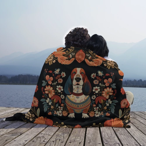 Плед 3D с принтом Бассет-хаунд в стиле Фолк Арт, вид сбоку #3