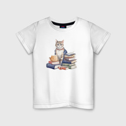Детская футболка хлопок Кошка-учительница: арт нейросети в акварельном стиле