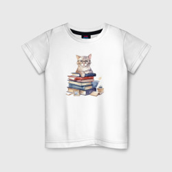 Детская футболка хлопок Котенок с книгами: арт нейросети в акварельном стиле