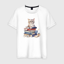 Мужская футболка хлопок Котенок с книгами: арт нейросети в акварельном стиле