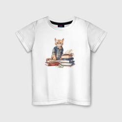 Детская футболка хлопок Кот учёный: арт нейросети в акварельном стиле