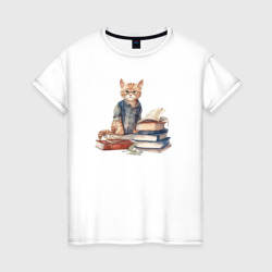 Женская футболка хлопок Кот учёный: арт нейросети в акварельном стиле