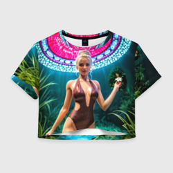Женская футболка Crop-top 3D Девушка блондинка в ботаническом саду с лилией