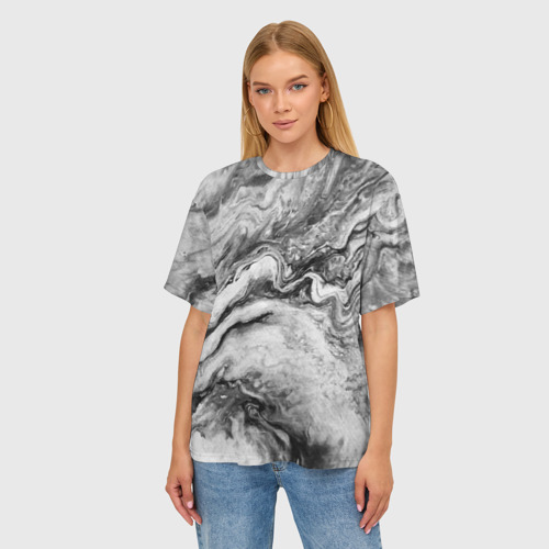 Женская футболка oversize 3D Черно-белая мраморная абстракция, цвет 3D печать - фото 3