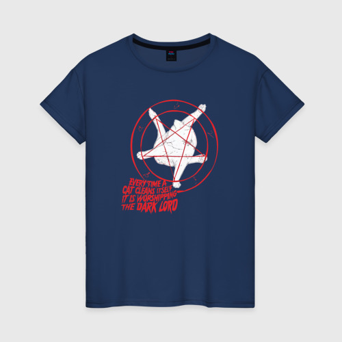 Женская футболка из хлопка с принтом Кошачья пентаграмма прикол - worshipping the Dark Lord, вид спереди №1