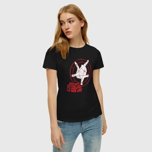 Женская футболка хлопок Кошачья пентаграмма прикол - worshipping the Dark Lord, цвет черный - фото 3