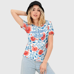 Женская футболка 3D Slim Самая любимая бабушка - красно-синий цветочный паттерн - фото 2