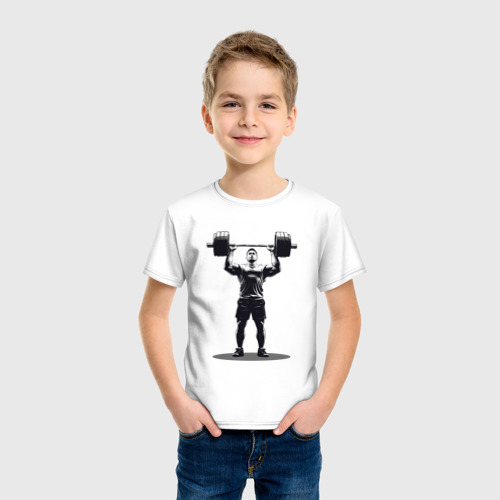 Детская футболка хлопок Спортсмен поднимает штангу, цвет белый - фото 3