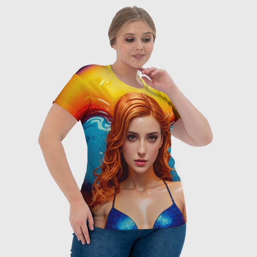 Женская футболка 3D Девушка с рыжими волосами в синем купальнике в аквапарке, цвет 3D печать - фото 6