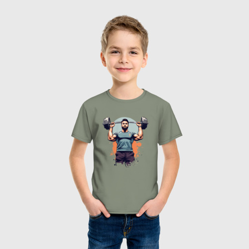 Детская футболка хлопок Мужчина штангист, цвет авокадо - фото 3