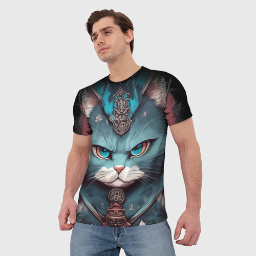 Мужская футболка 3D с принтом Кот самурай сердитый, фото на моделе #1
