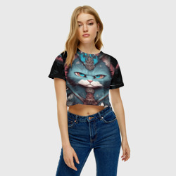 Женская футболка Crop-top 3D Кот самурай сердитый - фото 2