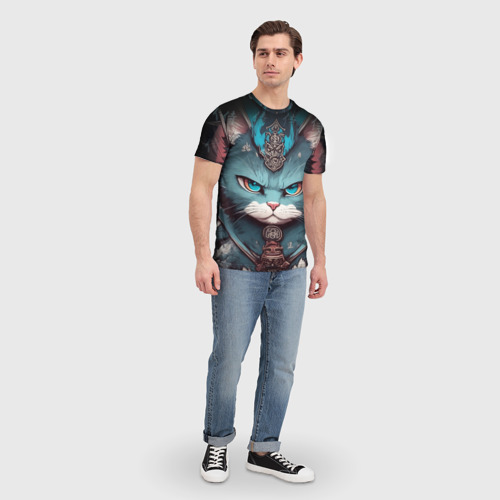 Мужская футболка 3D с принтом Кот самурай сердитый, вид сбоку #3