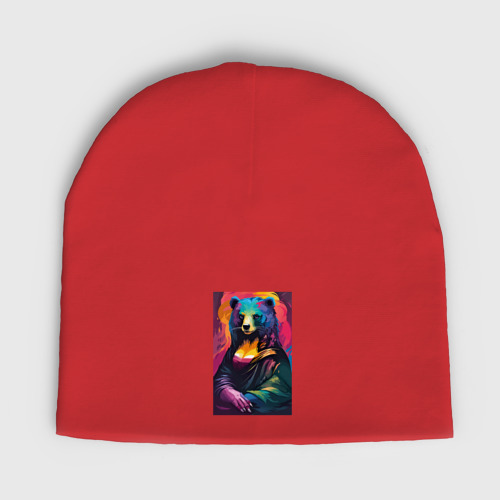 Женская шапка демисезонная Медведица Мона Лиза - поп-арт, цвет красный