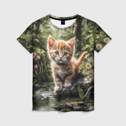 Женская футболка 3D Рыжий кот в лесу