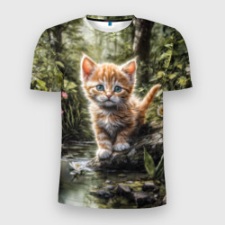 Мужская футболка 3D Slim Рыжий кот в лесу