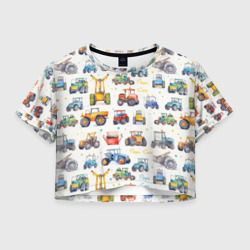 Женская футболка Crop-top 3D Акварельные тракторы - детский паттерн
