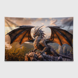 Дракон сидящий на скале в лучах заката – Флаг-баннер с принтом купить