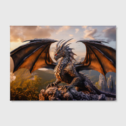 Холст с принтом Дракон сидящий на скале в лучах заката для любого человека, вид спереди №2. Цвет основы: белый