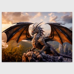 Поздравительная открытка Дракон сидящий на скале в лучах заката