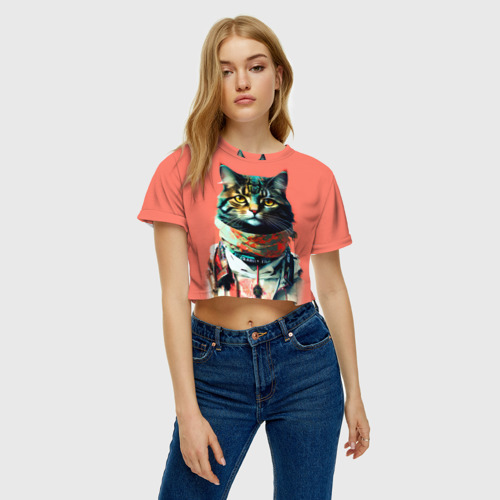 Женская футболка Crop-top 3D Милый котик на розовом фоне - поп-арт, цвет 3D печать - фото 3