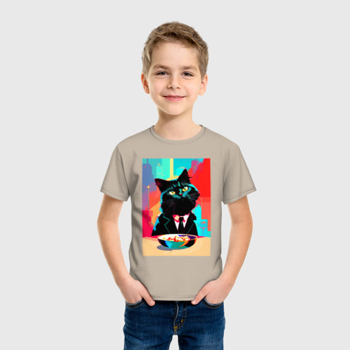 Детская футболка хлопок Чёрный котик джентльмен - нейросеть, цвет миндальный - фото 3
