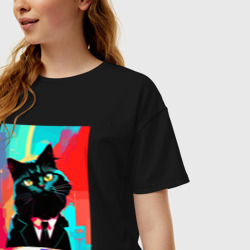 Женская футболка хлопок Oversize Чёрный котик джентльмен - нейросеть - фото 2