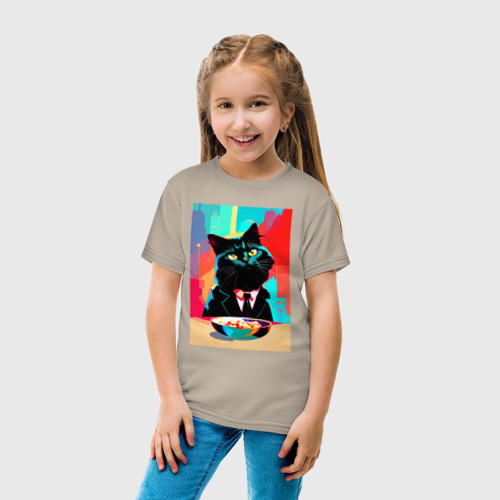 Детская футболка хлопок Чёрный котик джентльмен - нейросеть, цвет миндальный - фото 5
