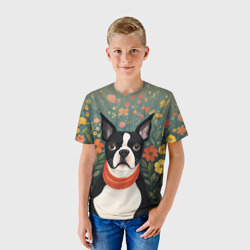 Детская футболка 3D Бостон-терьер в стиле Фолк Арт - фото 2