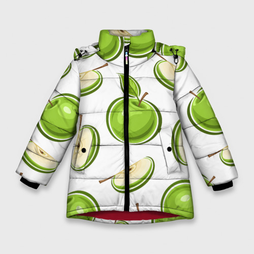 Зимняя куртка для девочек 3D с принтом Зелёные яблочки, вид спереди #2