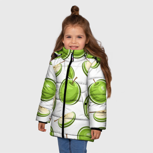 Зимняя куртка для девочек 3D с принтом Зелёные яблочки, фото на моделе #1