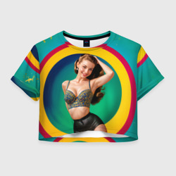 Женская футболка Crop-top 3D Девушка в красочном расшитом топе на фоне цветных колец