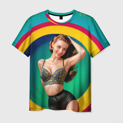 Мужская футболка 3D Девушка в красочном расшитом топе на фоне цветных колец
