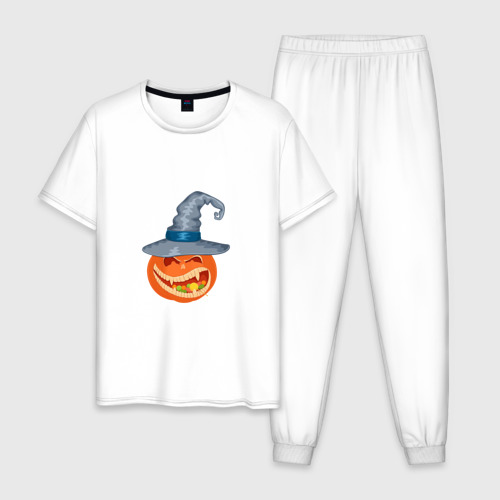 Мужская пижама хлопок Тыква на Хэллоуин в шляпе с конфетами, цвет белый