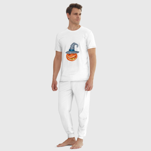Мужская пижама хлопок Тыква на Хэллоуин в шляпе с конфетами, цвет белый - фото 5