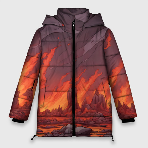 Женская зимняя куртка 3D с принтом Адский огонь, вид спереди #2