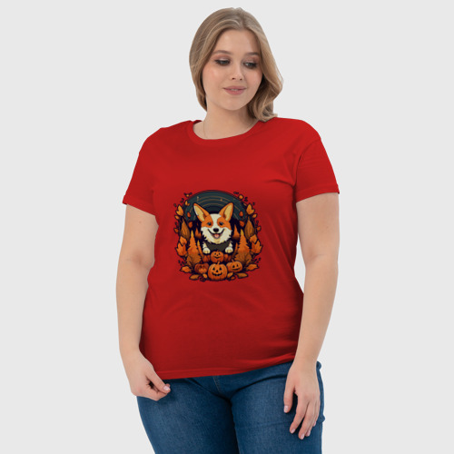 Женская футболка хлопок с принтом Хэллоуинский Корги и тыквы, фото #4