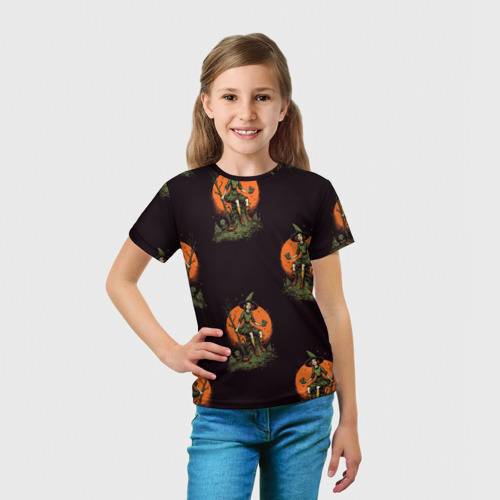 Детская футболка 3D с принтом Ведьма сидит на старом пне, вид сбоку #3