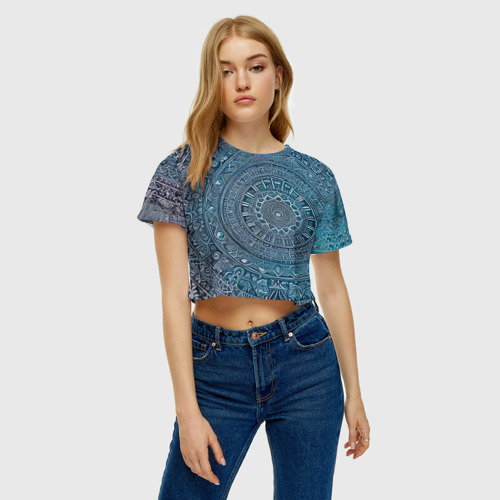 Женская футболка Crop-top 3D Бирюзовые узоры, цвет 3D печать - фото 4