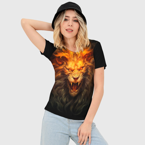 Женская футболка 3D Slim Огненный оскал льва, цвет 3D печать - фото 3